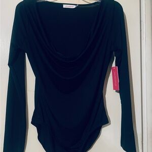 Shoe Dazzle Black Draped Neck Long-Sleeve Bodysuit